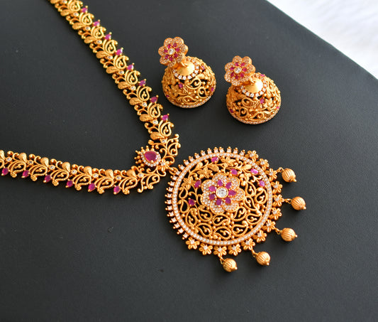 Matte finish cz ruby round pendant short haar set dj-10711