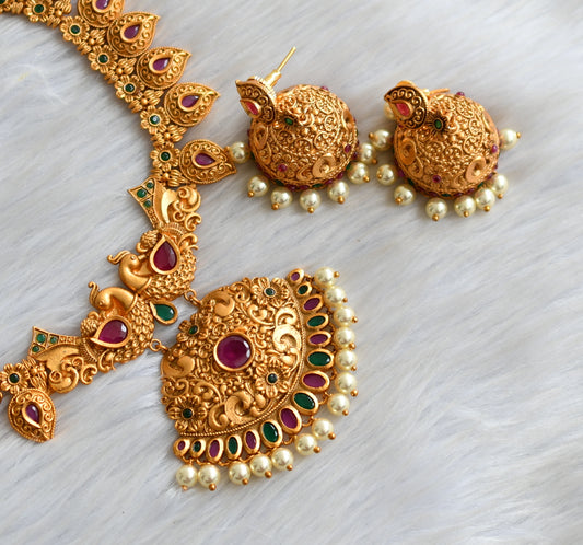 Matte finish ruby-emerald pearl mango peacock necklace set dj-11701