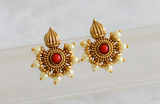 Matte finish coral-pearl stud//earrings dj-50504