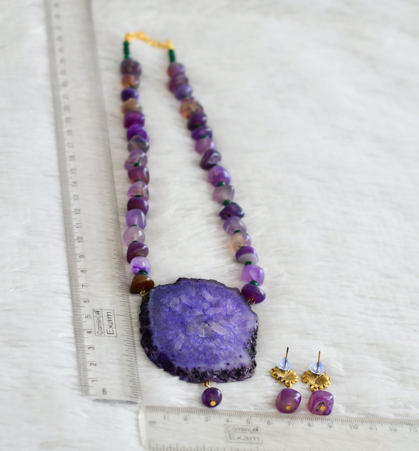 Hand painted flower sliced agate pendant with purple onyx beaded necklace set dj-48596