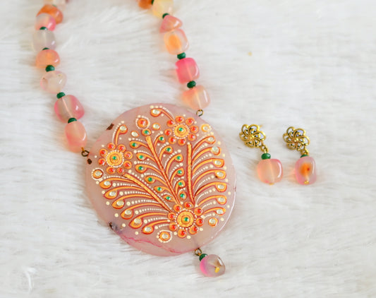 Hand painted flower sliced agate pendant with pink-green onyx beaded necklace set dj-48604