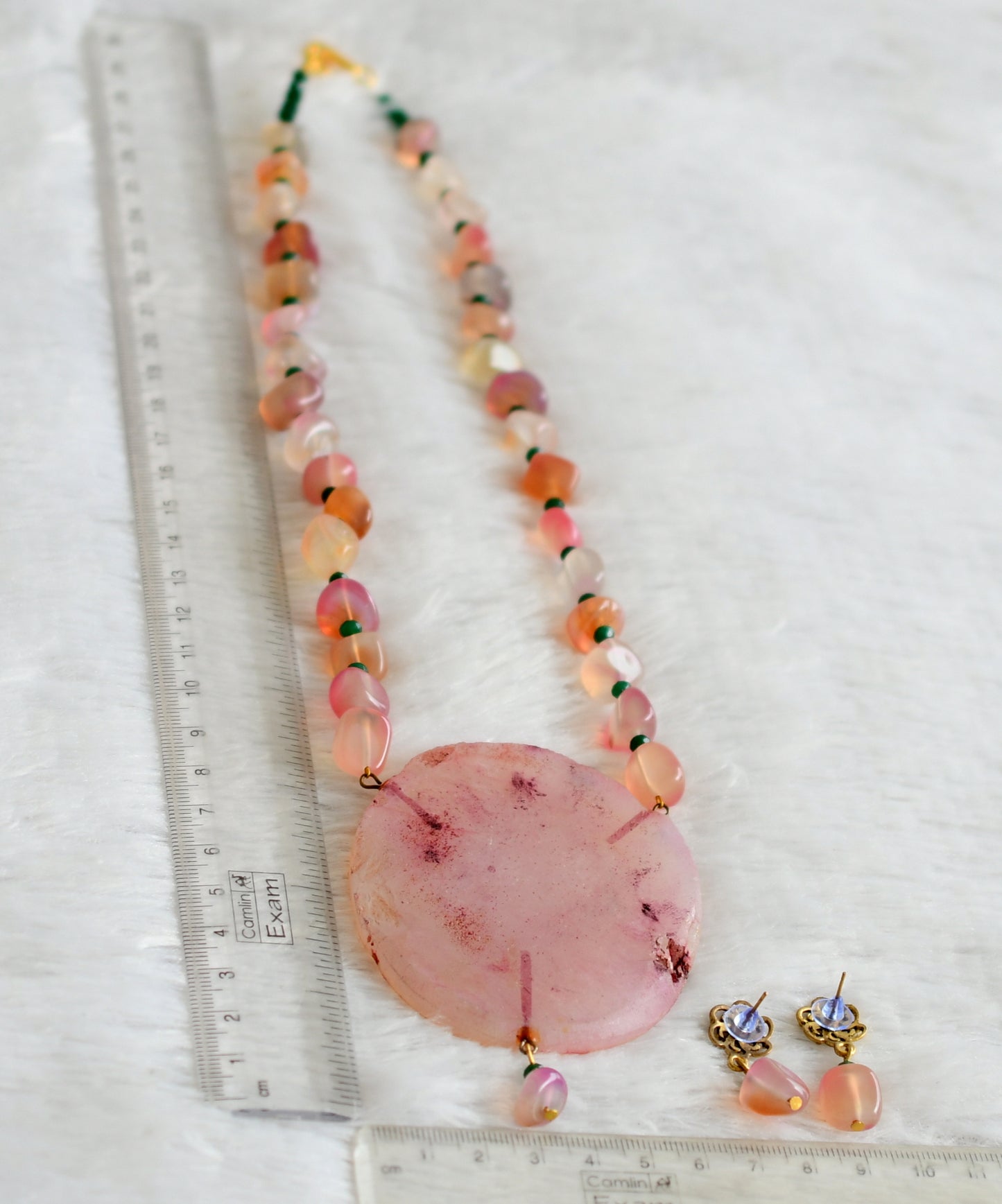 Hand painted flower sliced agate pendant with pink-green onyx beaded necklace set dj-48604