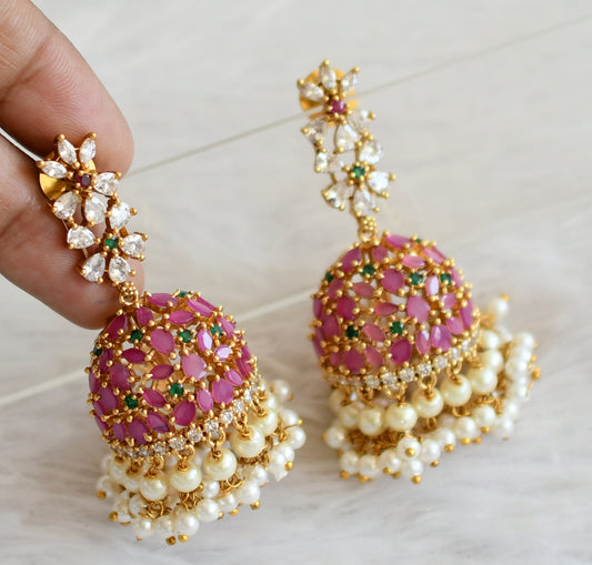 Matte finish cz ruby-green pearl flower jhumkka dj-50514