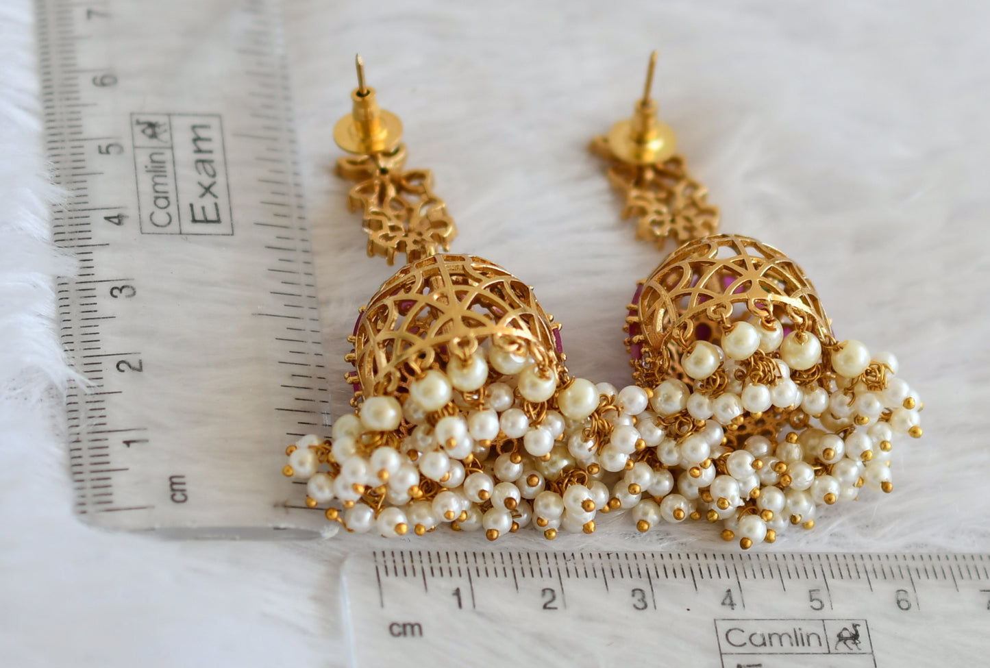 Matte finish cz ruby-green pearl flower jhumkka dj-50514