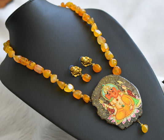 Hand painted ganesha sliced agate pendant with orange-yellow onyx beads necklace set dj-45199