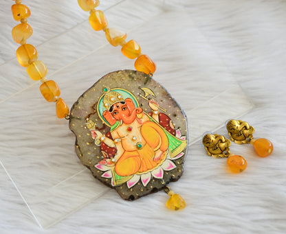 Hand painted ganesha sliced agate pendant with orange-yellow onyx beads necklace set dj-45199