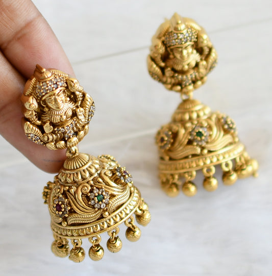 Antique gold tone cz ruby-green lakshmi flower nakshi jhumkka dj-50512
