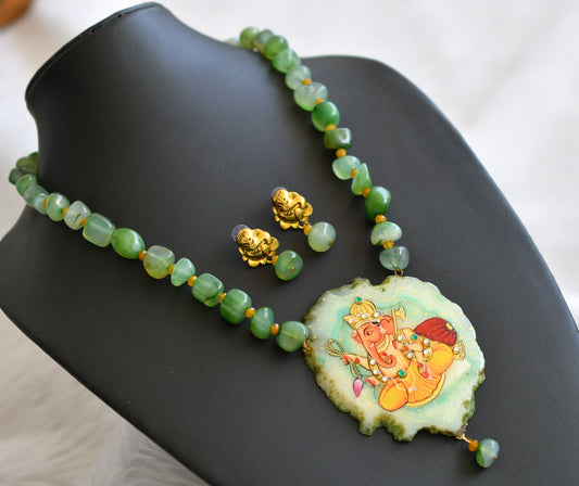 Hand painted ganesha sliced agate pendant with green-yellow onyx beads necklace set dj-45193
