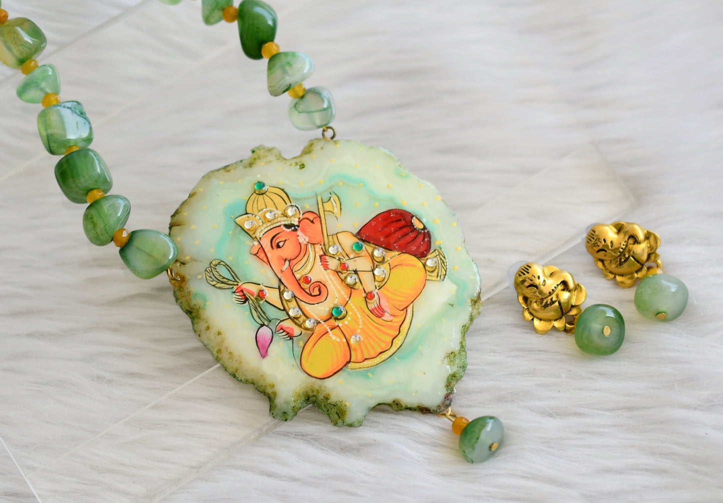 Hand painted ganesha sliced agate pendant with green-yellow onyx beads necklace set dj-45193