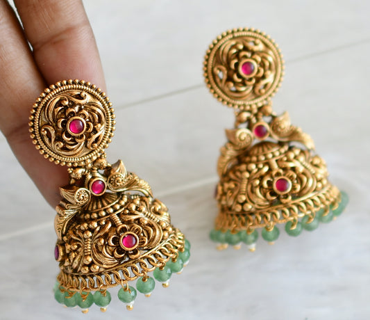 Antique gold tone pink green beaded peacock jhumkka dj-50509