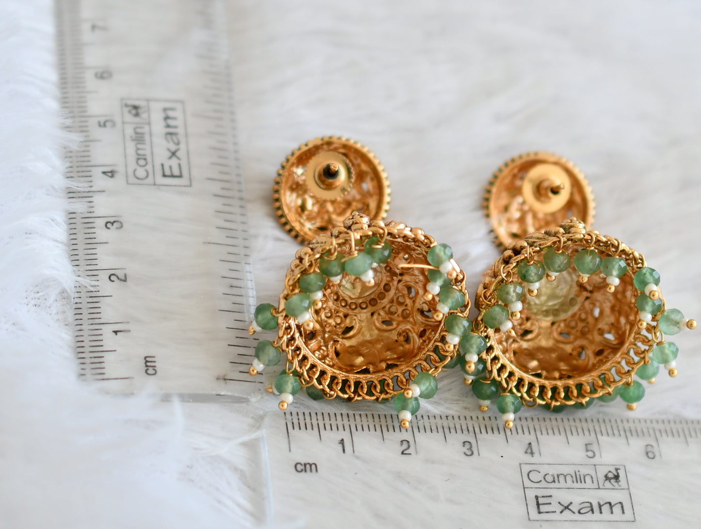Antique gold tone pink green beaded peacock jhumkka dj-50509