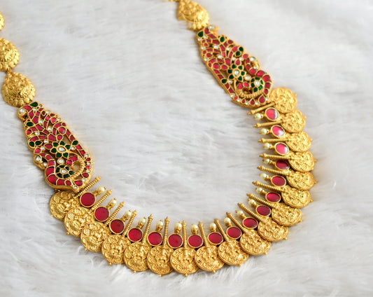 Antique gold tone kundan jadau Lakshmi coin peacock short haar dj-35833