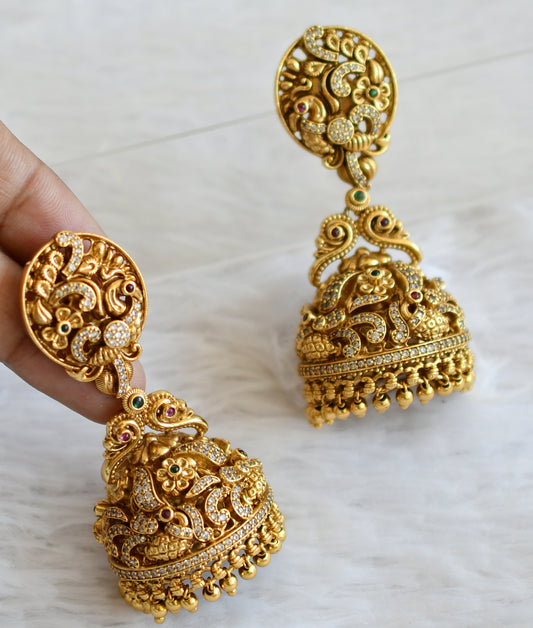 Antique gold tone cz kemp-green big nakshi peacock jhumkka dj-50510