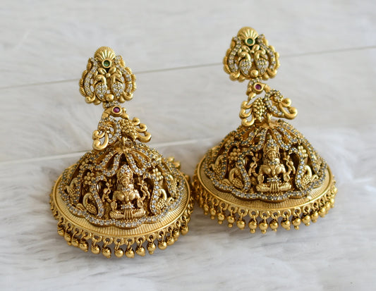 Antique gold tone cz kemp-green nakshi huge lakshmi peacock jhumkka dj-53076
