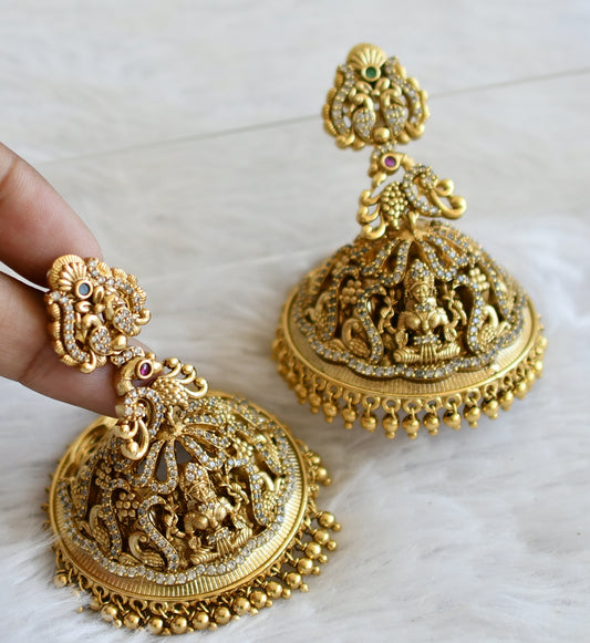 Antique gold tone cz kemp-green Nakshi huge lakshmi peacock jhumkka dj-50513