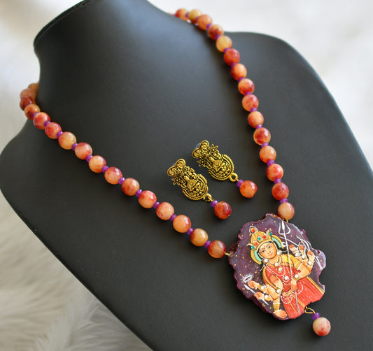 Hand painted ma shakti sliced agate pendant with red-yellow-purple beaded necklace set dj-45176