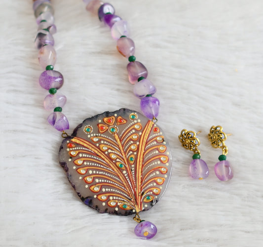 Hand painted flower sliced agate pendant with purple-green onyx beaded necklace set sj-48605