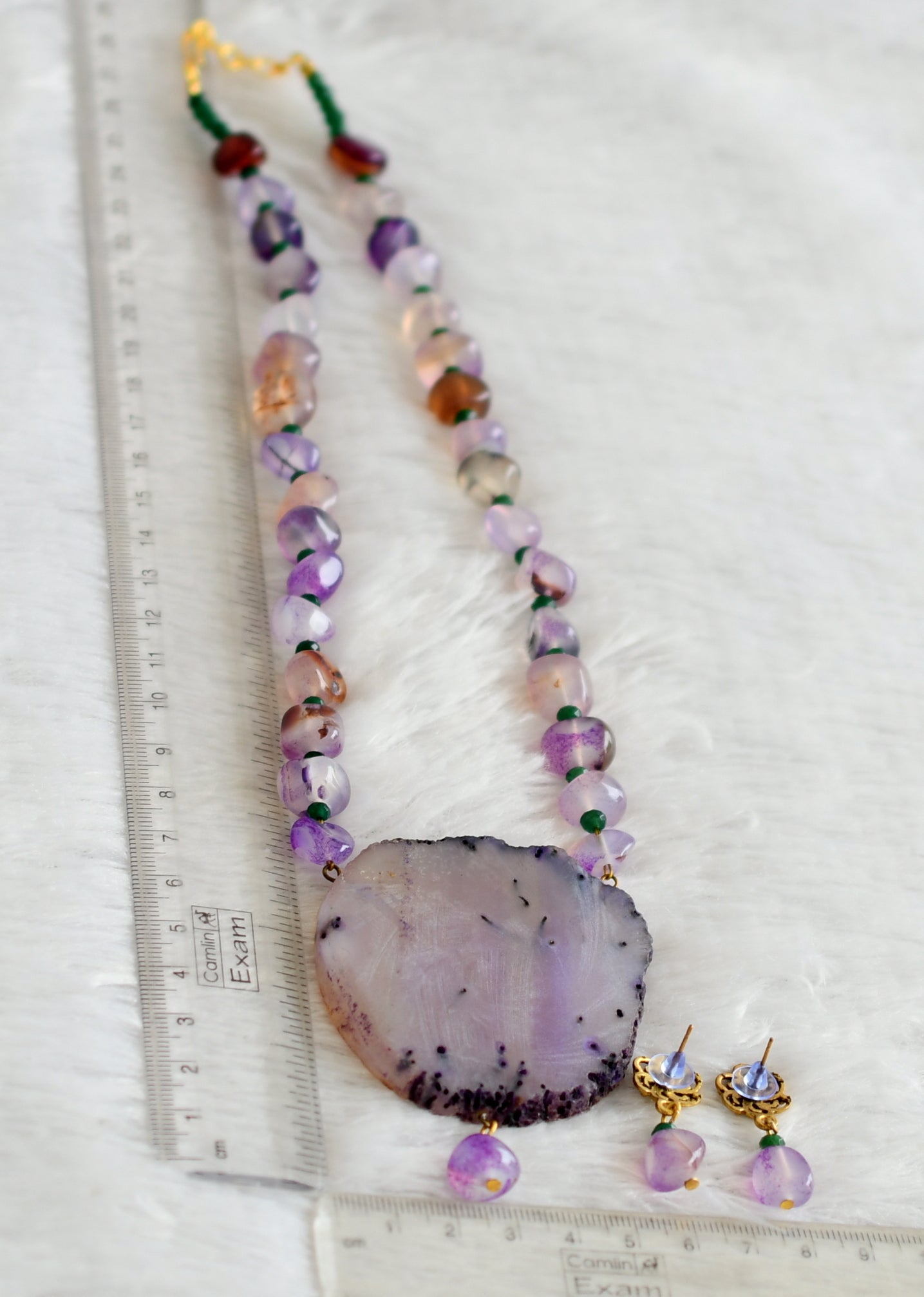 Hand painted flower sliced agate pendant with purple-green onyx beaded necklace set sj-48605