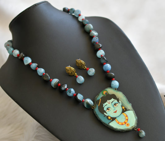 Hand painted krishna sliced agate pendant with blue-red-black onyx beads necklace set dj-45171