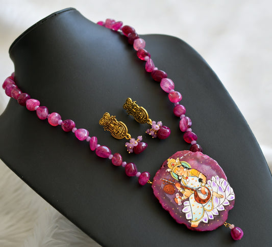 Hand painted saraswathi sliced agate pendant with pink-purple onyx beads necklace set dj-45191
