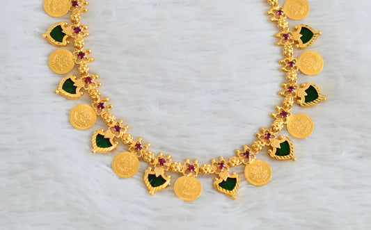 Gold tone kerala style pink-green palakka lakshmi coin necklace dj-44127