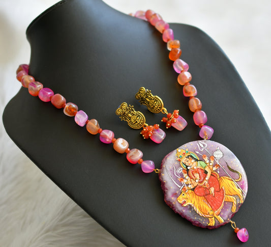 Hand painted ma shakti sliced agate pendant with pink-orange onyx beads necklace set dj-45173