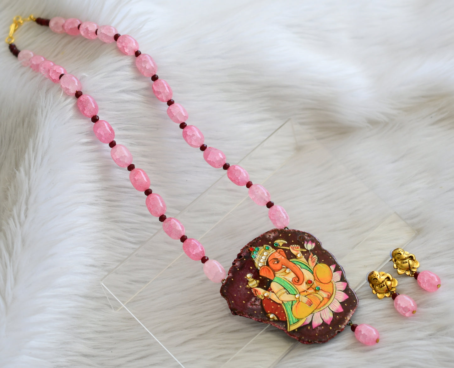 Hand painted ganesha sliced agate pendant with baby pink-maroon onyx beads necklace set dj-45201