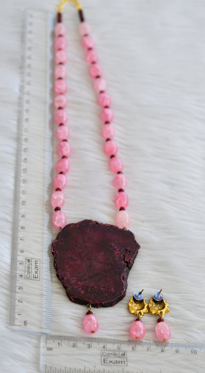 Hand painted ganesha sliced agate pendant with baby pink-maroon onyx beads necklace set dj-45201