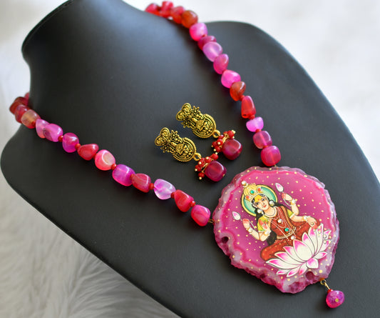 Hand painted lakshmi sliced agate pendant with pink-red onyx beads necklace set dj-45180