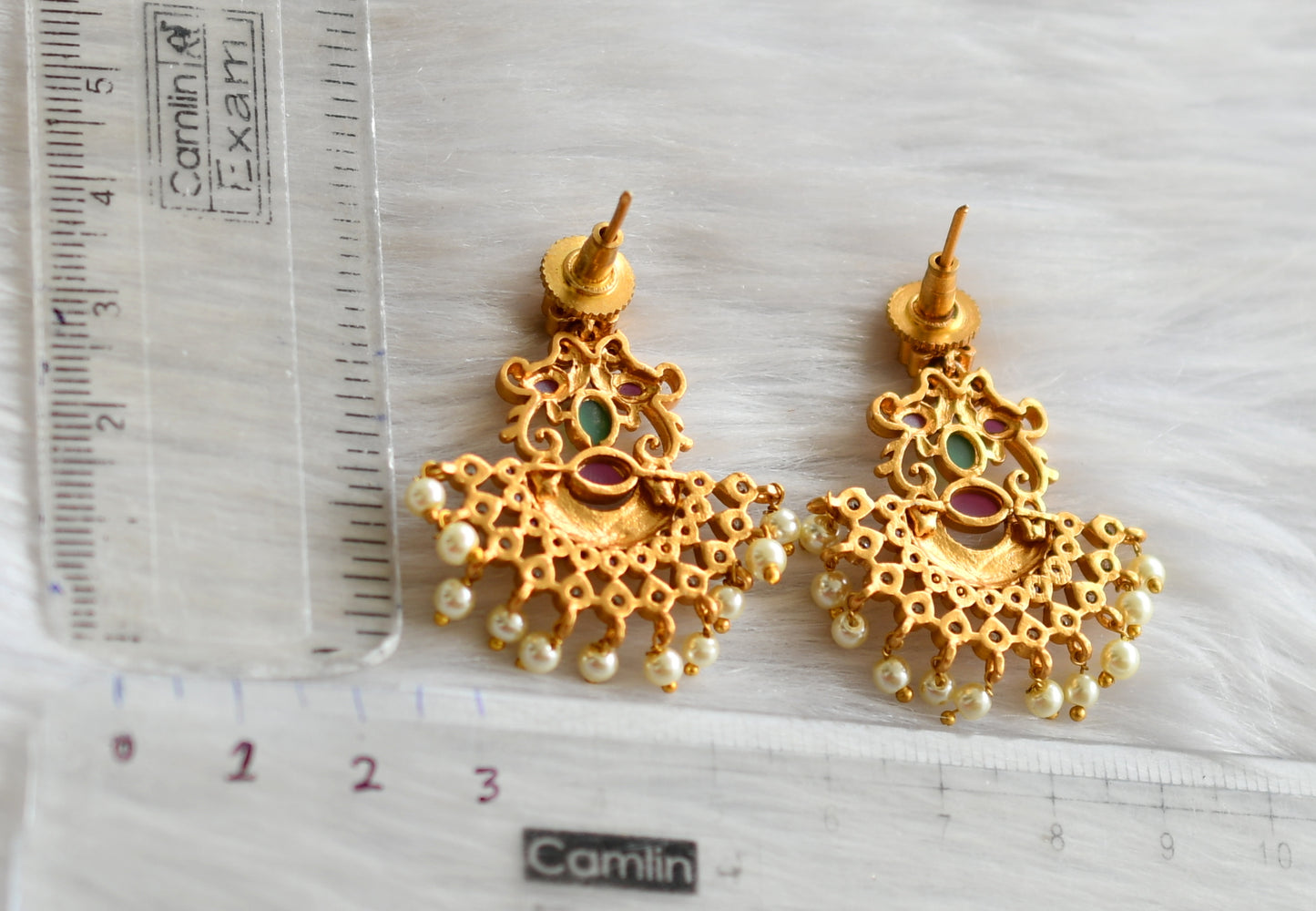 Matte finish ruby-green-white pearl peacock earrings dj-42262