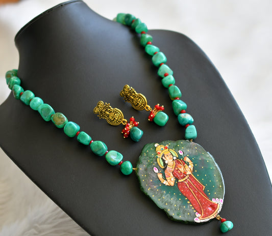 Hand painted lakshmi sliced agate pendant with green-red onyx beads necklace set dj-45179