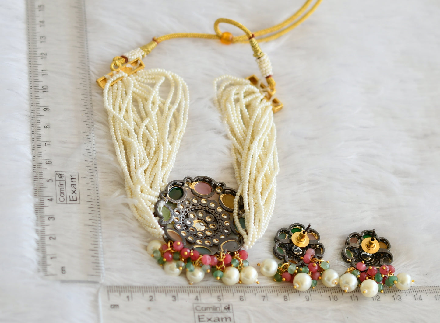 Two tone Multi color stone pearl choker necklace set dj-35519