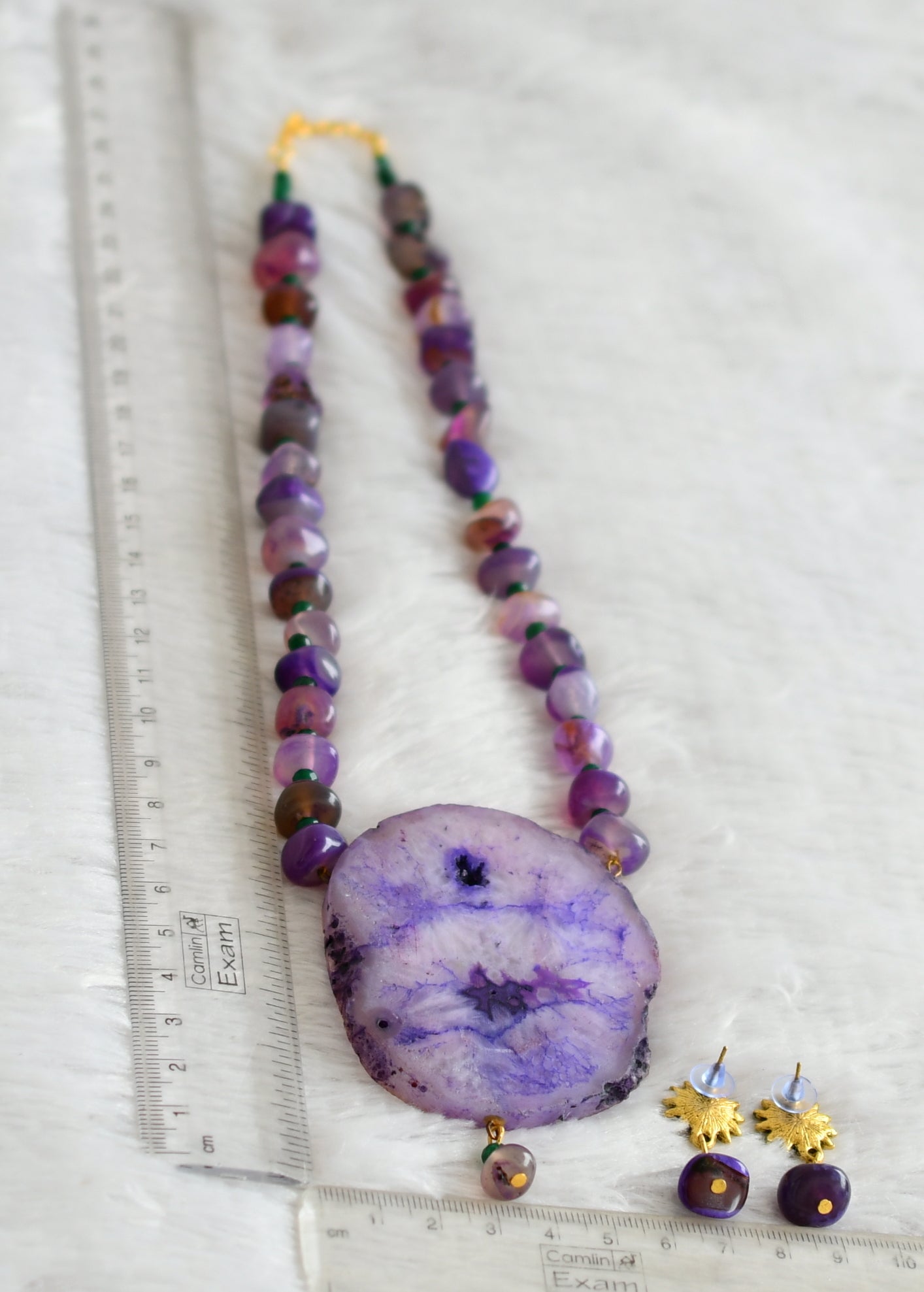 Hand painted flower sliced agate pendant with purple-green onyx beaded necklace set dj-48588