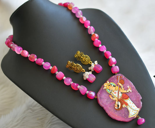 Hand painted saraswathi sliced agate pendant with pink-white onyx beads necklace set dj-45189