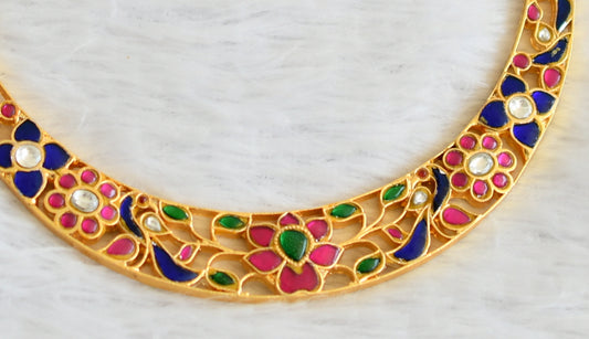Matte finish kundan jadau kemp-green-blue-white peacock-Lotus kante necklace dj-37559
