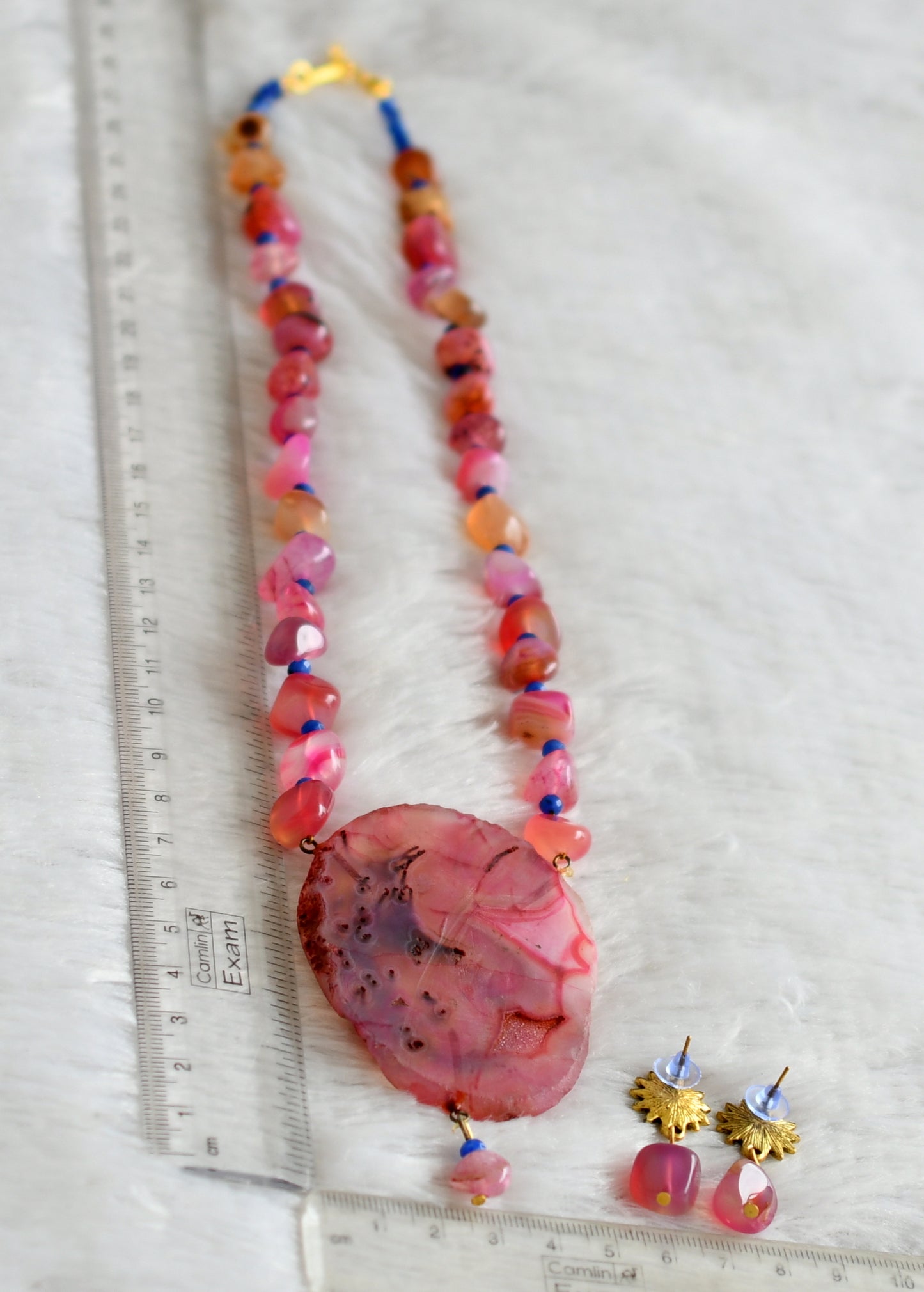 Hand painted flower sliced agate pendant with pink-blue onyx beaded necklace set dj-48587