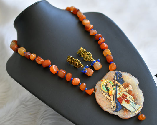Hand painted saraswathi sliced agate pendant with orange-blue onyx beads necklace set dj-45185