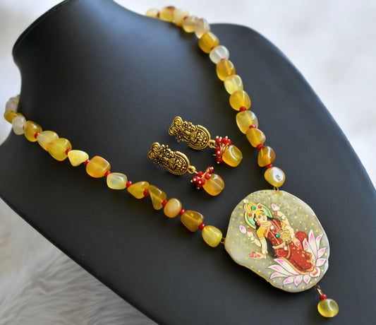 Hand painted lakshmi sliced agate pendant with yellow-red onyx beads necklace set dj-45181