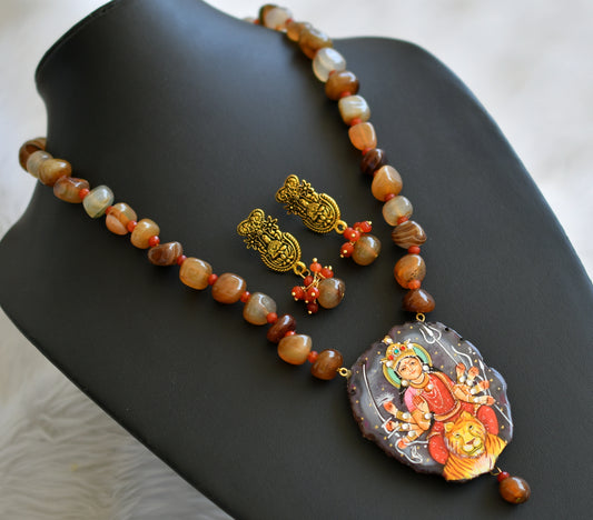 Hand painted ma shakti sliced agate pendant with brown-white-orange onyx beads necklace set dj-45175