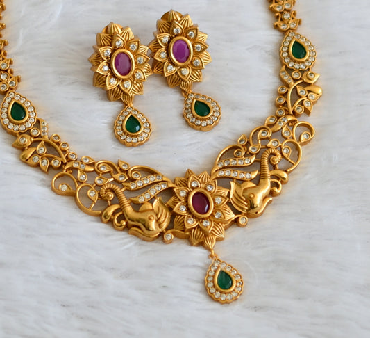 Matte finish cz ruby-green elephant necklace set dj-30488