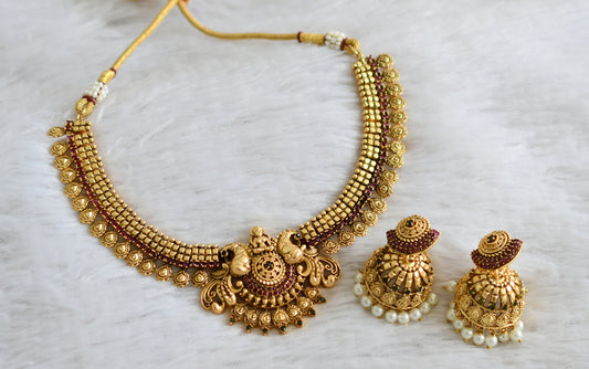 Matte finish ruby-emerald Lakshmi-peacock necklace set dj-52609