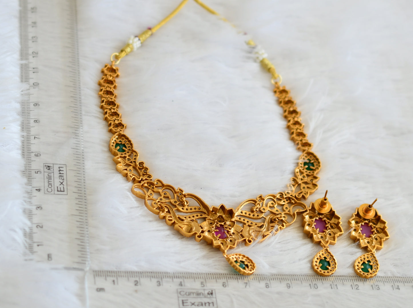 Matte finish cz ruby-green elephant necklace set dj-30488