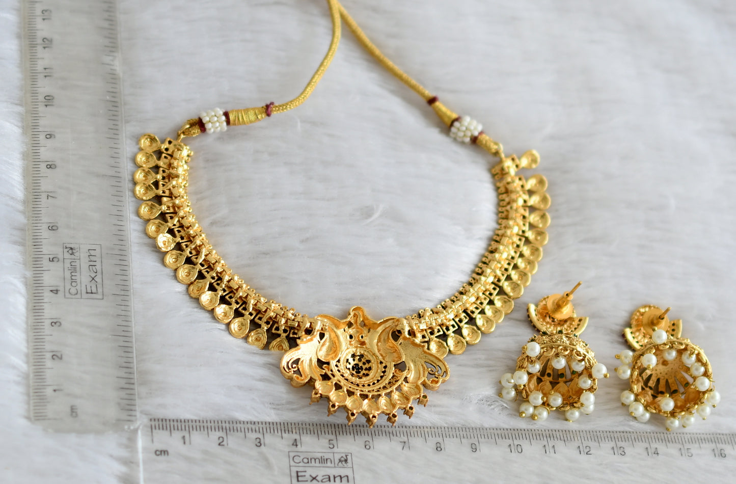 Matte finish ruby-emerald Lakshmi-peacock necklace set dj-52609