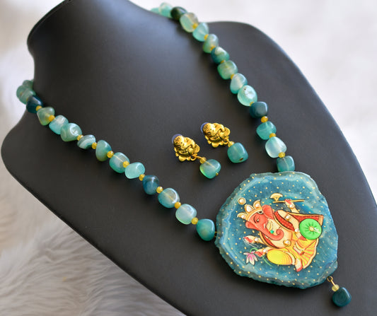 Hand painted ganesha sliced agate pendant with blue-yellow onyx beads necklace set dj-45196