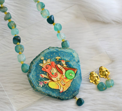 Hand painted ganesha sliced agate pendant with blue-yellow onyx beads necklace set dj-45196