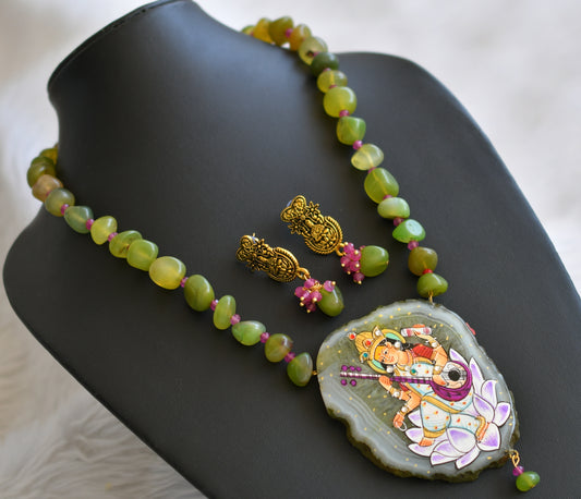 Hand painted saraswathi sliced agate peandant with green-purple onyx beads necklace set dj-45190