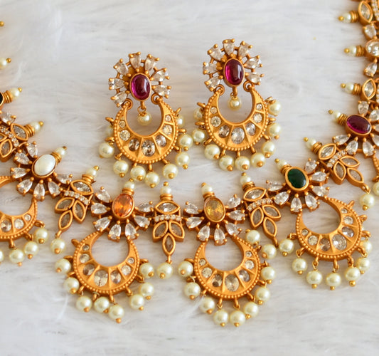 Matte Finish Cz Navarathna pearl bali necklace set dj-30630