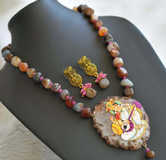 Hand painted saraswathi sliced agate pendant with brown-white-purple onyx beads necklace set dj-45188