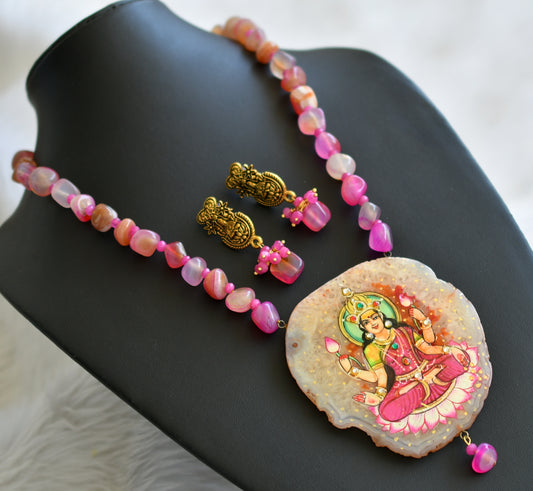 Hand painted lakshmi sliced agate pendant with pink onyx beads necklace set dj-45178