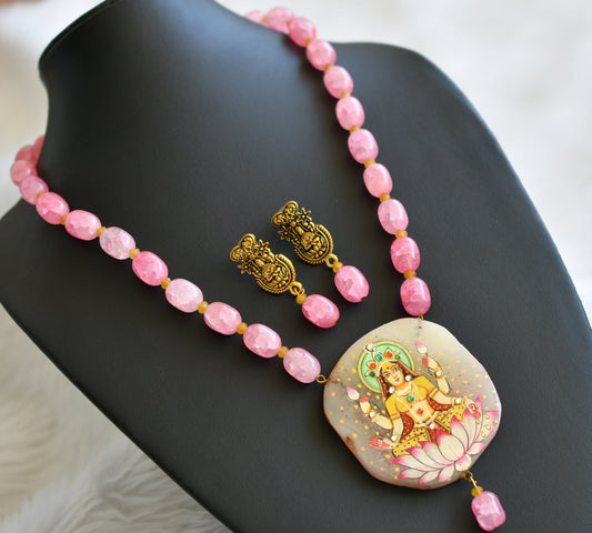 Hand painted lakshmi sliced agate pendant with baby pink-yellow beads necklace set dj-45182